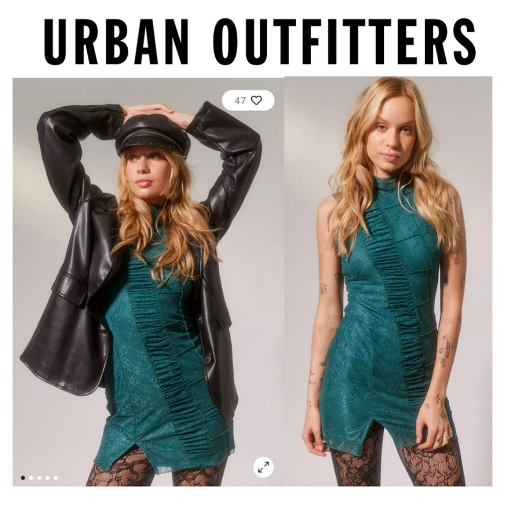 Urban Outfitters Estee Ruched Lace Mini Dress Size L – Turquoise UO